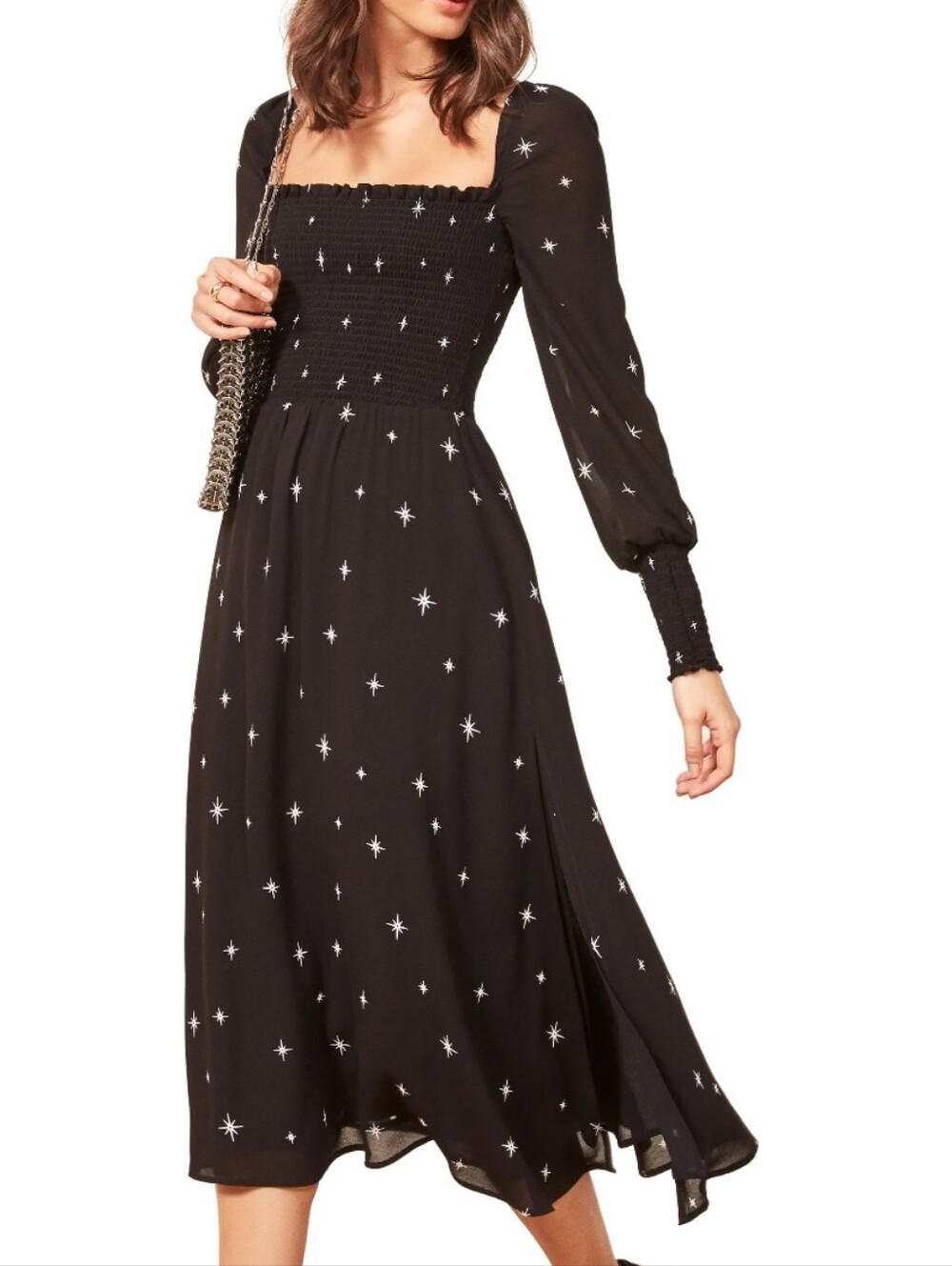 Reformation Black Star Print Midi Dress